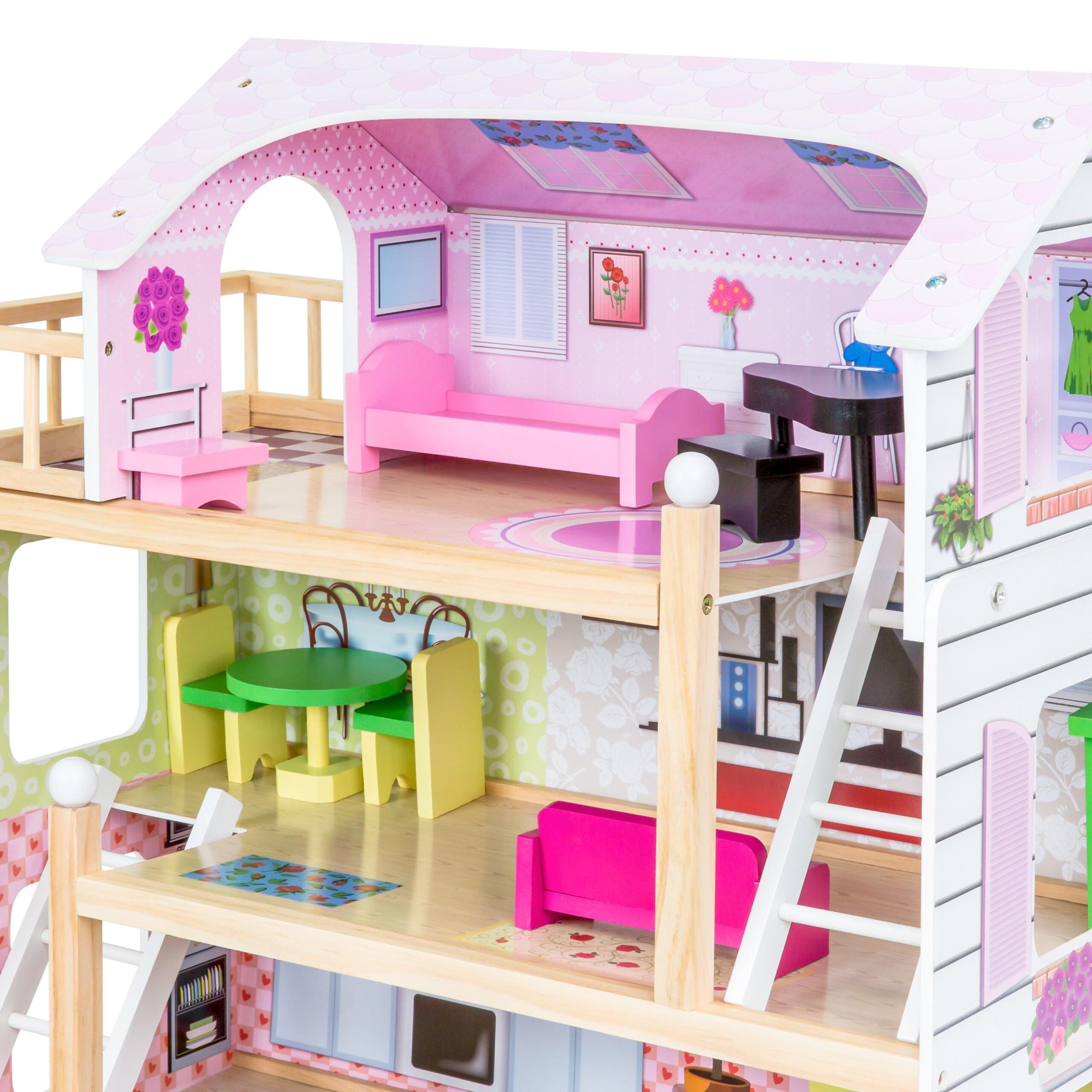 BCP 4 Level Kids Wooden Dollhouse W 13 Pieces Of Furniture 