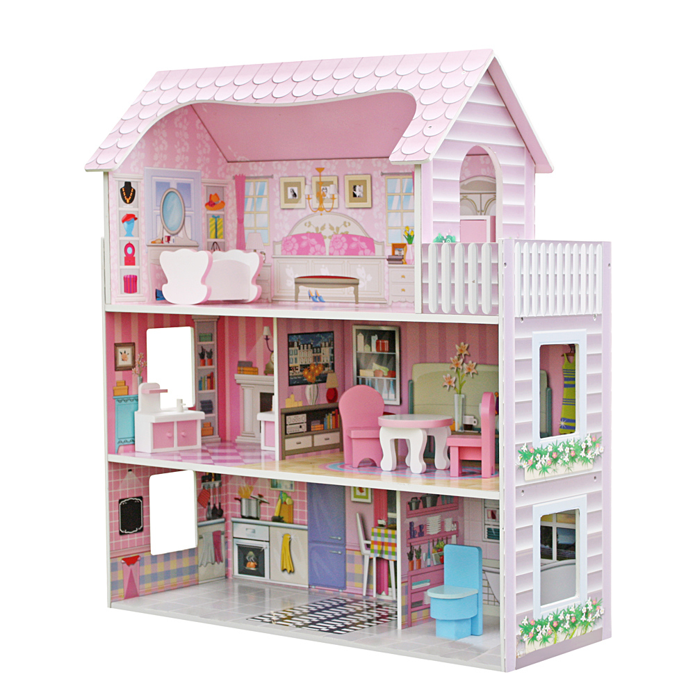 Clearance Wooden Dollhouse With 8 Accessories Wooden Majestic Mansion 