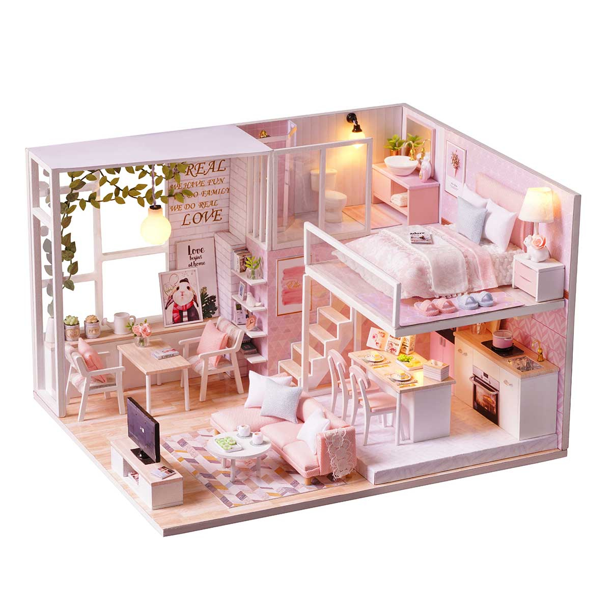 DIY Dollhouse Kit For Adults Miniatures Pink Loft Model Wife Girl 