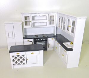 Dollhouse Miniature Modern Black White Kitchen Set W Island T5296
