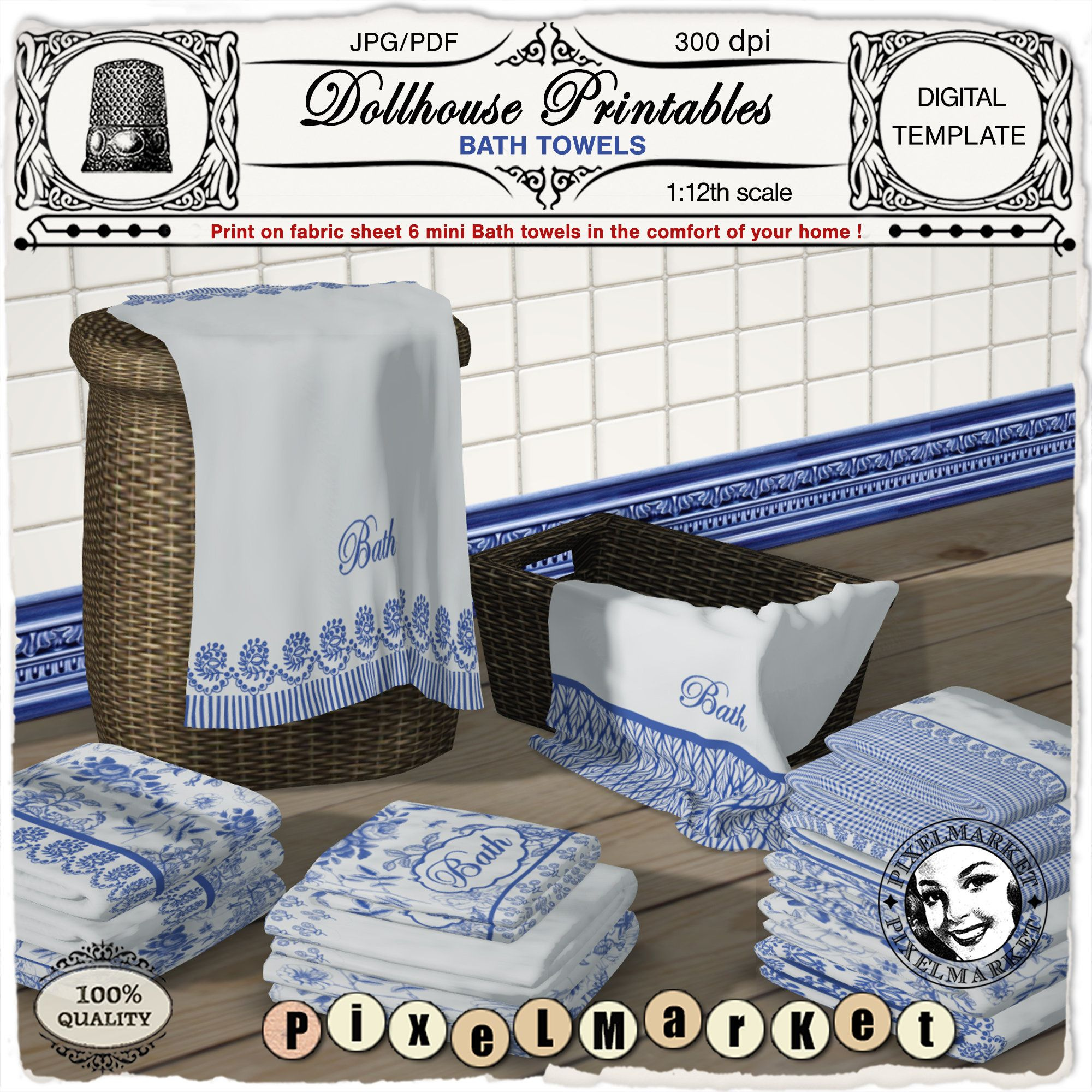 Dollhouse Printable MINIATURE BATH TOWELS Digital Template To Etsy 