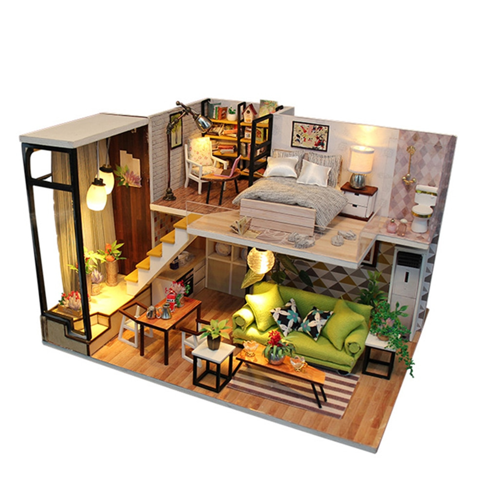 Free Shipping DIY House Wooden Modern Dollhouse Furniture Kit LED 