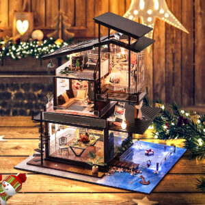 LED Light Miniature Coastal Villa Dollhouse DIY Kit Wooden Doll House