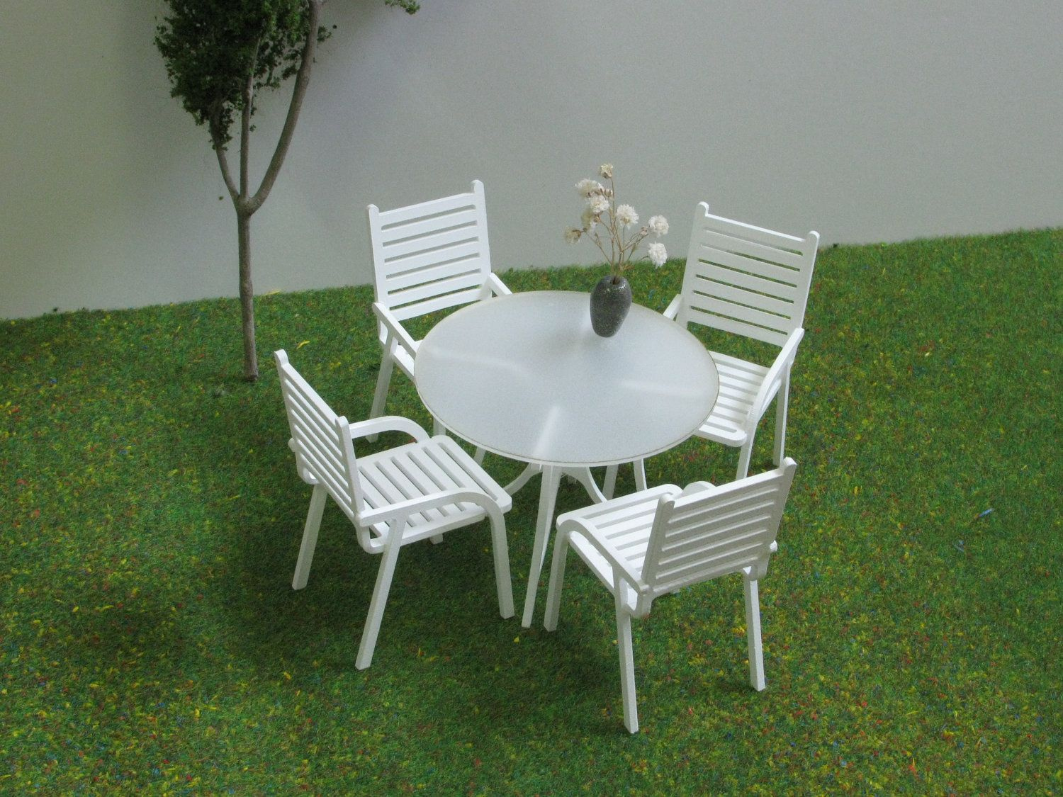 3PC 1/12 Scale Dollhouse Miniatures Garden Table Chairs Set Outdoor White Iron