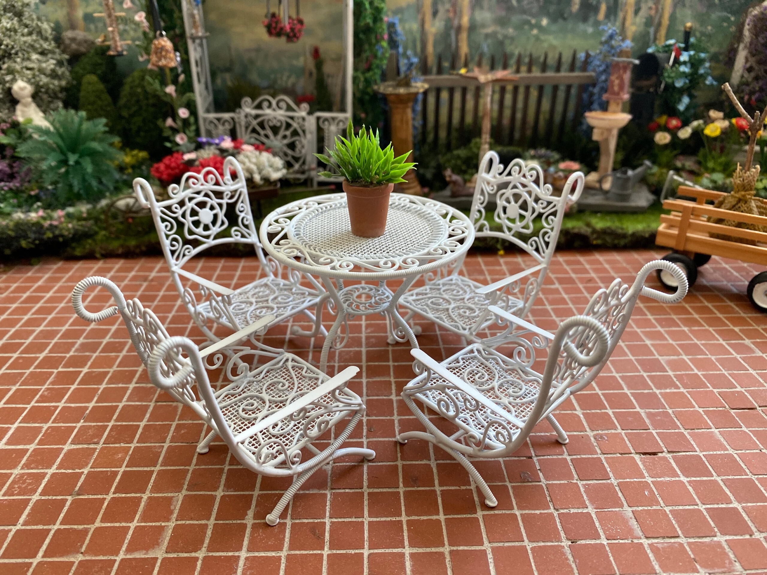 Miniature Patio Set Mini White Metal Wire Table And Chairs 5 Piece 