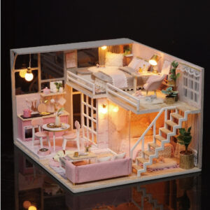 Miniature Pink Dream House Dollhouse With Furniture Kits DIY Wooden