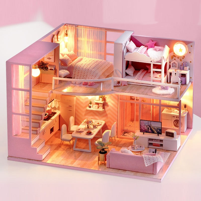 Miniature Pink Loft Modern Dollhouse With Furniture Kits DIY Wooden 