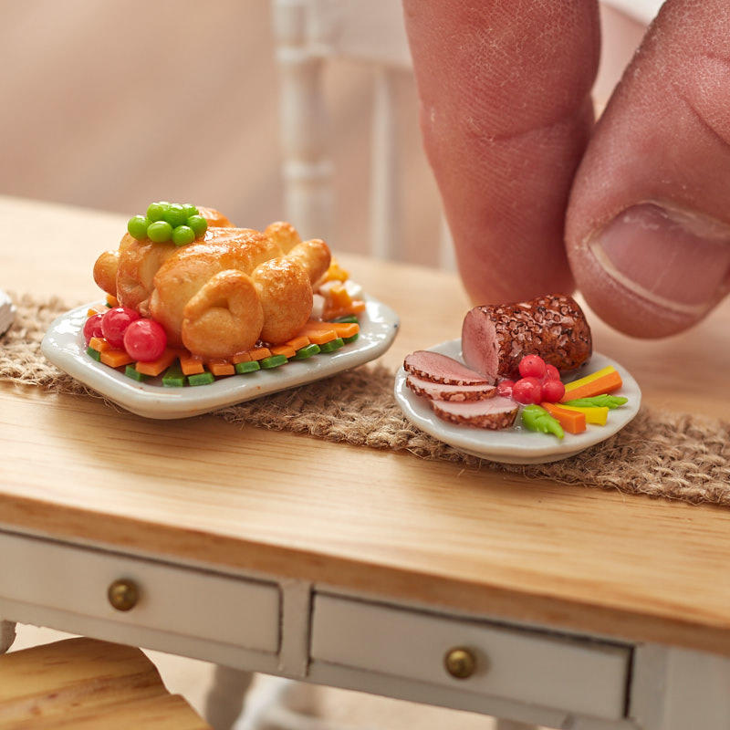 Miniature Thanksgiving Dinner Turkey And Ham Platter Set Holiday 