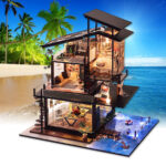 Modern LED Light Miniature Dollhouse DIY Kit Wooden Doll House Model