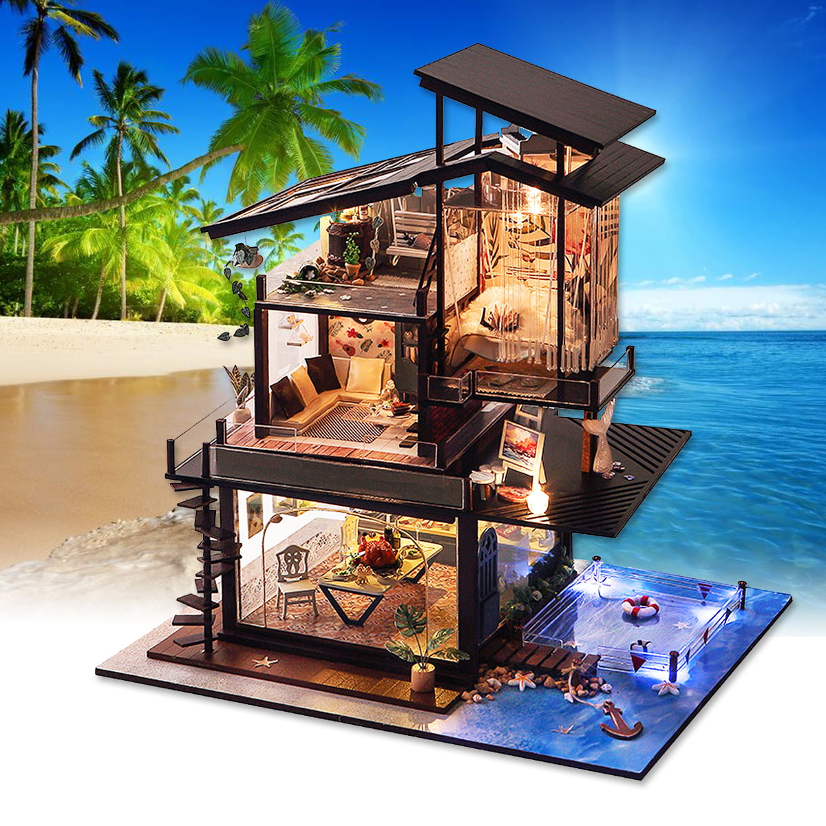 Modern LED Light Miniature Dollhouse DIY Kit Wooden Doll House Model 