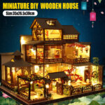 Modern LED Light Miniature Wooden Doll House Mini Dollhouse DIY Kit