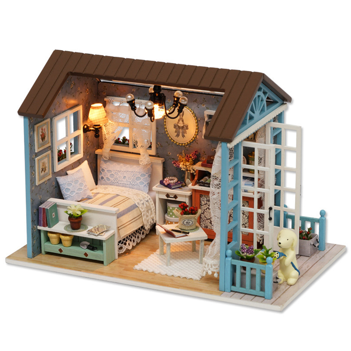 Novashion Modern LED Light Miniature Wooden Doll House Mini Dollhouse 