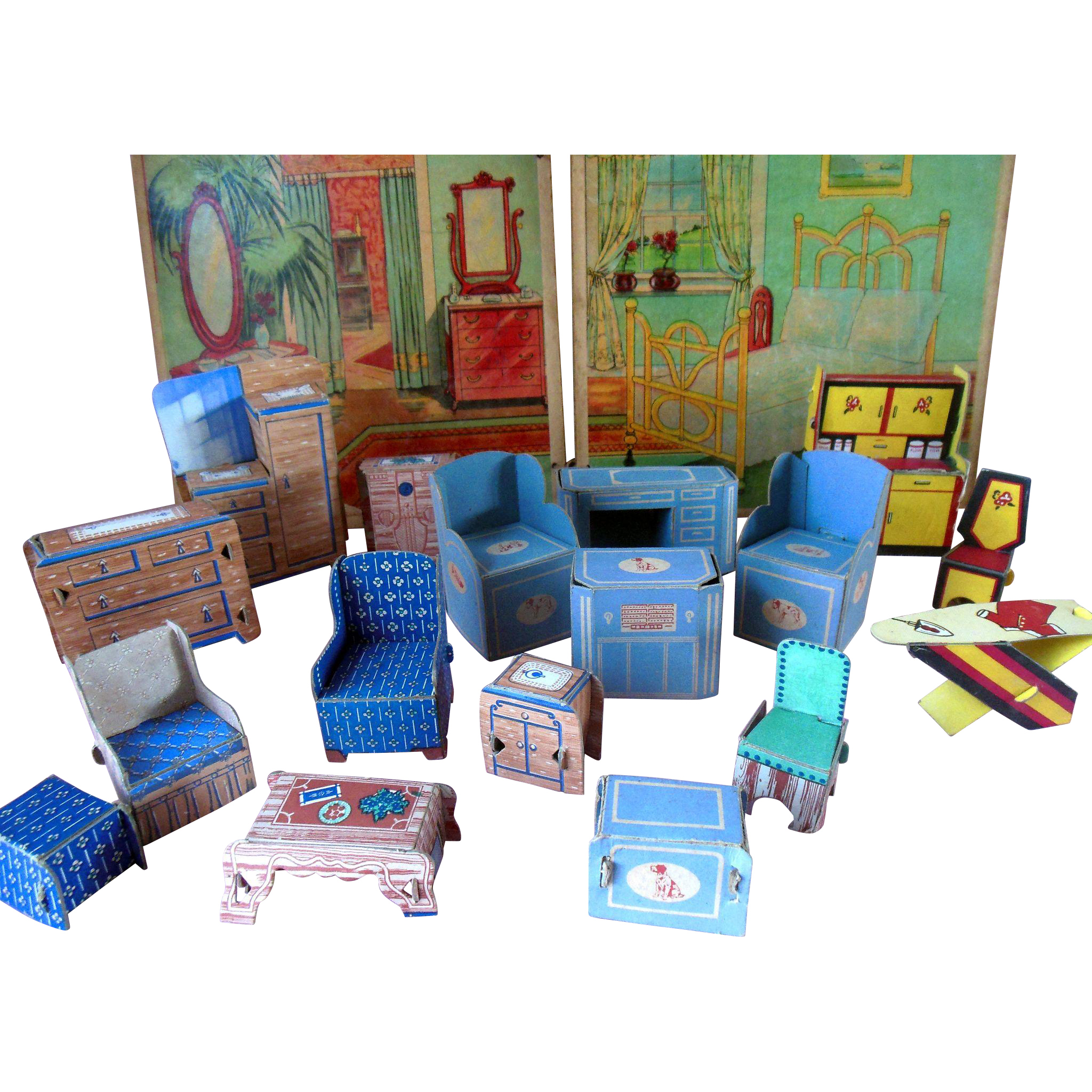 Old Vintage Paper Dollhouse Miniature Doll Furniture Box Lot Valzak s 