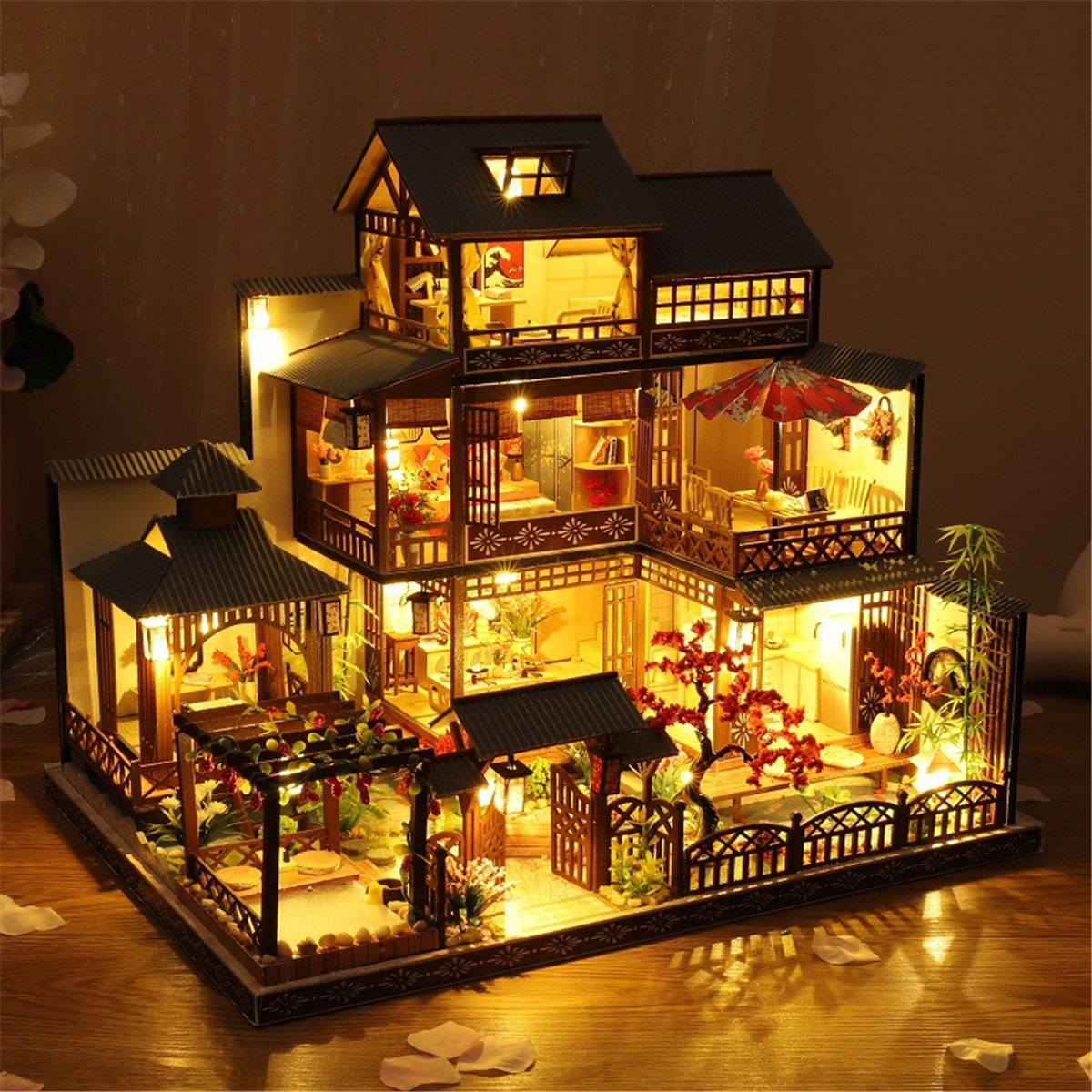 SELLCLUB 1 24 Scale LED Light DIY Miniature Wooden Villa Dollhouse Kit 