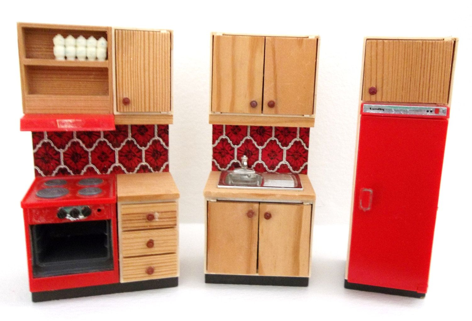 Vintage Lundby Wooden Dollhouse Kitchen Set With Red Tile Etsy In 