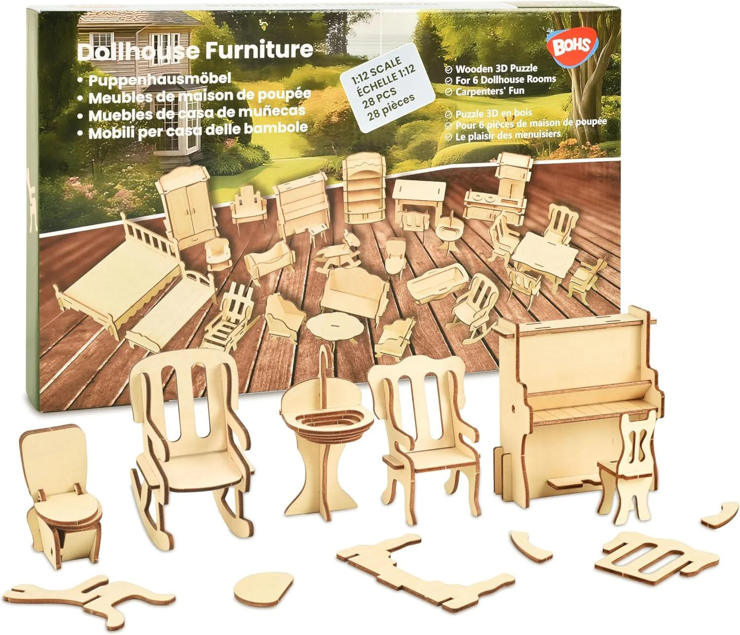 Bohs Scale 1 12 Dollhouse Furniture Set Wooden 3d Puzzles 28 Pcs Dollhouse Furniture For Six Rooms